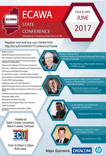 ECAWA 2017 State Conference poster - Poster lists titles of Breakout Sessions on the left and Keynote Speakers and their topics on the right. All information is available on this and the linked pages.