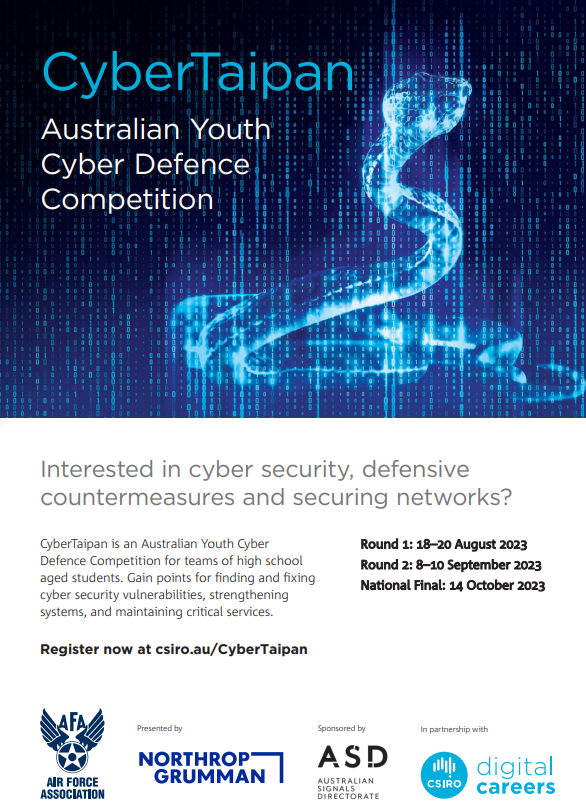 CyberTaipan 2023 Are you interested in cyber security? Do you want to learn about defensive counter measures and securing virtual networks? Take your first step into cyber security. Try new challenges and gain experience in defensive techniques.